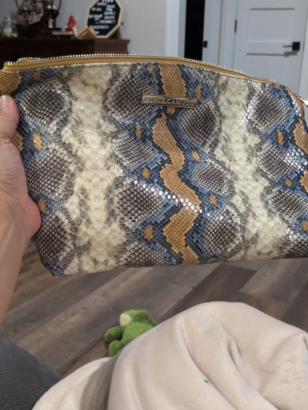 Vince Camuto Blue, Tan & Cream Snake-Print Cosmetic Pouch